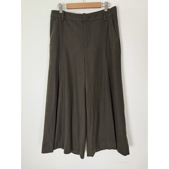Vince Wool Pants Culottes Crop Wide Leg Pleated Dark Olive Green 8 - Picture 1 of 8
